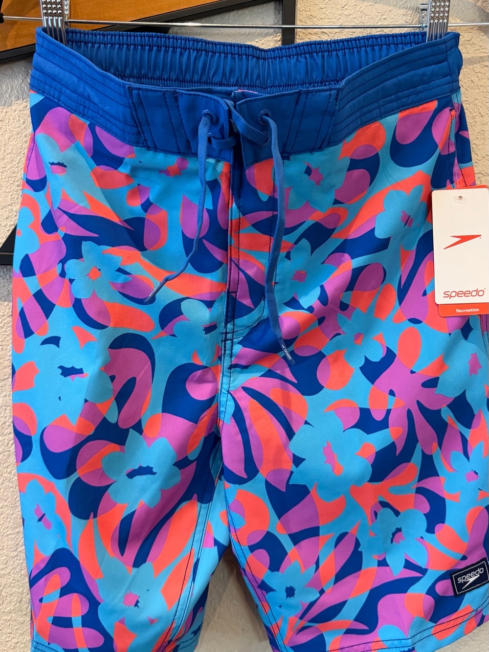 Speedo Men’s Blue Tropical Floral Swim Shorts with Pink & Purple Accents